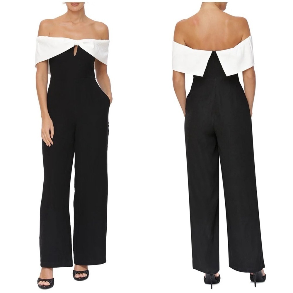 NWT Avec Les Filles Bow Knot Front Jumpsuit Black White Colorblock Sz 6